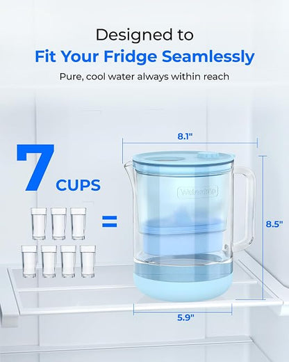 Waterdrop PT-72B-A Glass Alkaline Water Filter Pitcher, 7-Cup, Blue | Eco-Friendly, Enhances Alkaline Water, for Home & Office, Reduces PFOA/PFOS, Chlorine, Cadmium, Copper & Mercury