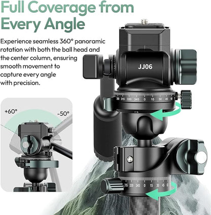 Ulanzi JJ06 Professional Camera Tripod Stand with Dual 360° Fluid Head, Dual Center Column, Ball Head, Quick Release Plate, Compatible with Arca for DSLR, Video