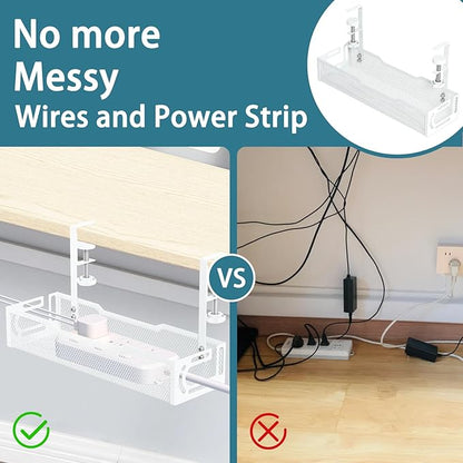 2Pack Under Desk Cable Management Tray, No Drill Mesh Desk Cable Tray, Wire Management Tray Cable Management Rack, Wire Organizer and Cable Management Box (White)