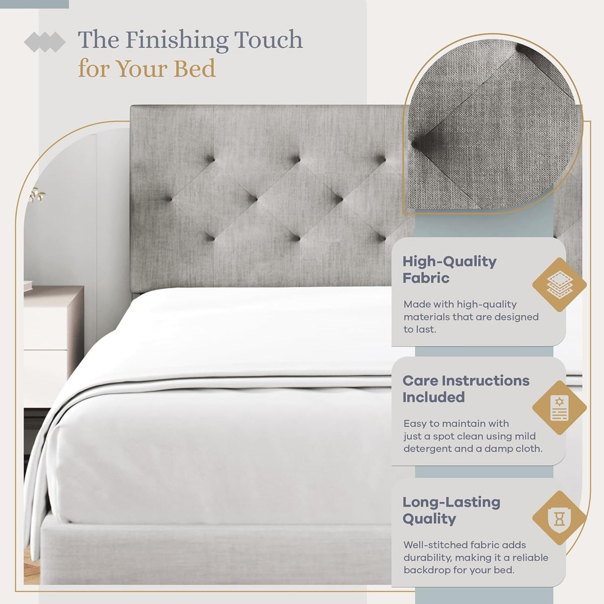 Diamond-Tufted Mid-Rise Upholstered Headboard, Wall or Bed Frame Mount - Full or Queen (Gray)