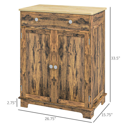 Kitchen Storage Cabinet, Sideboard Floor Cupboard with Solid Wood Top, Adjustable Shelf, and 2 Drawers, Brown