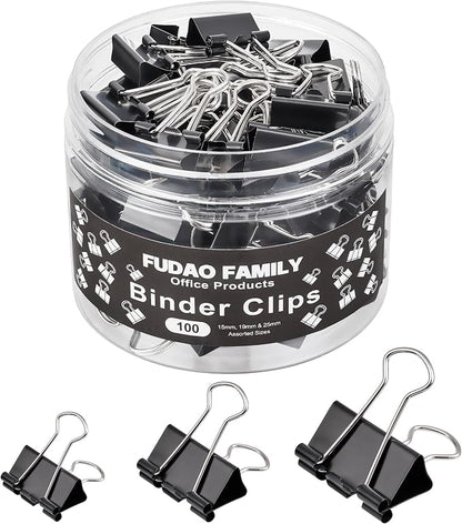 100pcs Binder Clips Assorted Sizes, Black Paper Clamps, Medium, Small, Mini 3 Sizes with Box for Office, School and Home