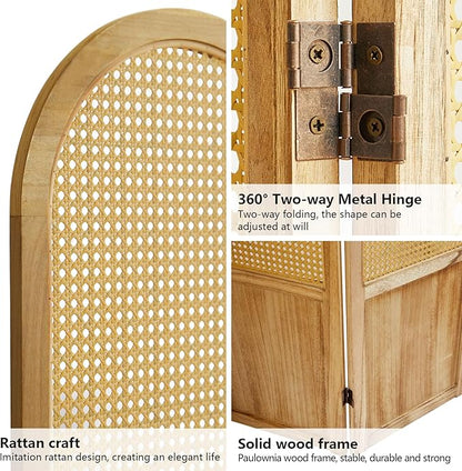 Asnefeli Room Divider 4 Panel, Folding Privacy Screen, Foldable Wood Divider Room Dec, Rattan Room Divider, Portable Partition Screen, Wall Divider for Room Separation Bedroom Home Office (Natural)
