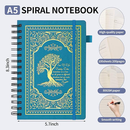 A5 Hardcover Spiral Notebook Tree of Life Journal Daily Journals for Writing Travel Notebooks Journal for Women Men 80GSM Paper Leather Spiral Journal,5.7"x8.3"（Spiral Tree -Light Blue)