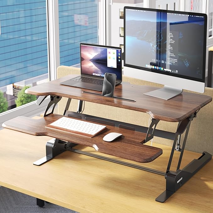 Mount-It! 38 Inch Standing Desk Converter, Sit Stand Desk Riser for Dual Monitors with Keyboard Tray, Height Adjustable Desktop Workstation, Easy Lift Gas Spring, Rustic Walnut Brown