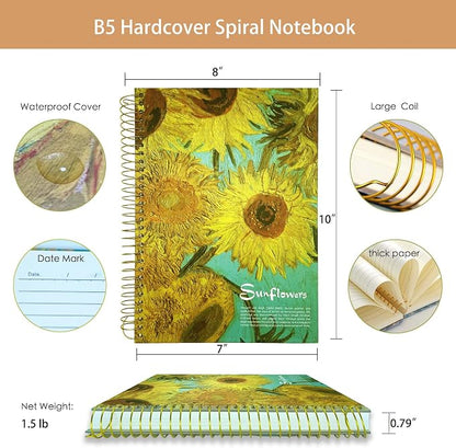 Large Spiral Notebook, B5, 300 Pages, 8x10 Big Notebook, Hardcover Large Journal, Thick Paper Lined Notebook, Vincent Van Gogh Sunflower gifts for Women and Children.