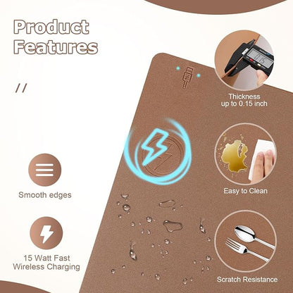 Wireless Charging Mouse Pad Firelison 2 in 1 Leather Multifunctional Office Desk Pad with Non-Slip Rubber Base, Waterproof Desk pad for Computers/Office/Work/Home/Decor（ 32" x 16"Buff - L