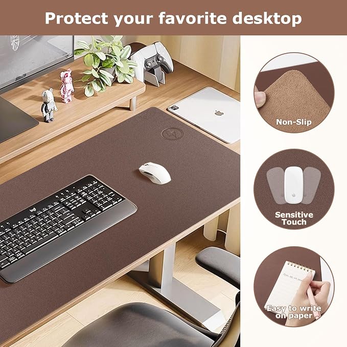 Wireless Charging Mouse Pad Firelison 2 in 1 Leather Multifunctional Office Desk Pad with Non-Slip Rubber Base, Waterproof Desk pad for Computers/Office/Work/Home/Decor（ 32" x 16"Brown - R）