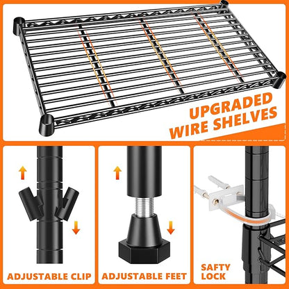 REIBII 1000LBS Wire Shelving Unit, 5 Tier Adjustable Metal Storage Shelves for Kitchen Pantry Office Steel Organizer Wire Rack for Narrow Space, 13.4" D x 23.2" W x 60" H, Black,2PCS
