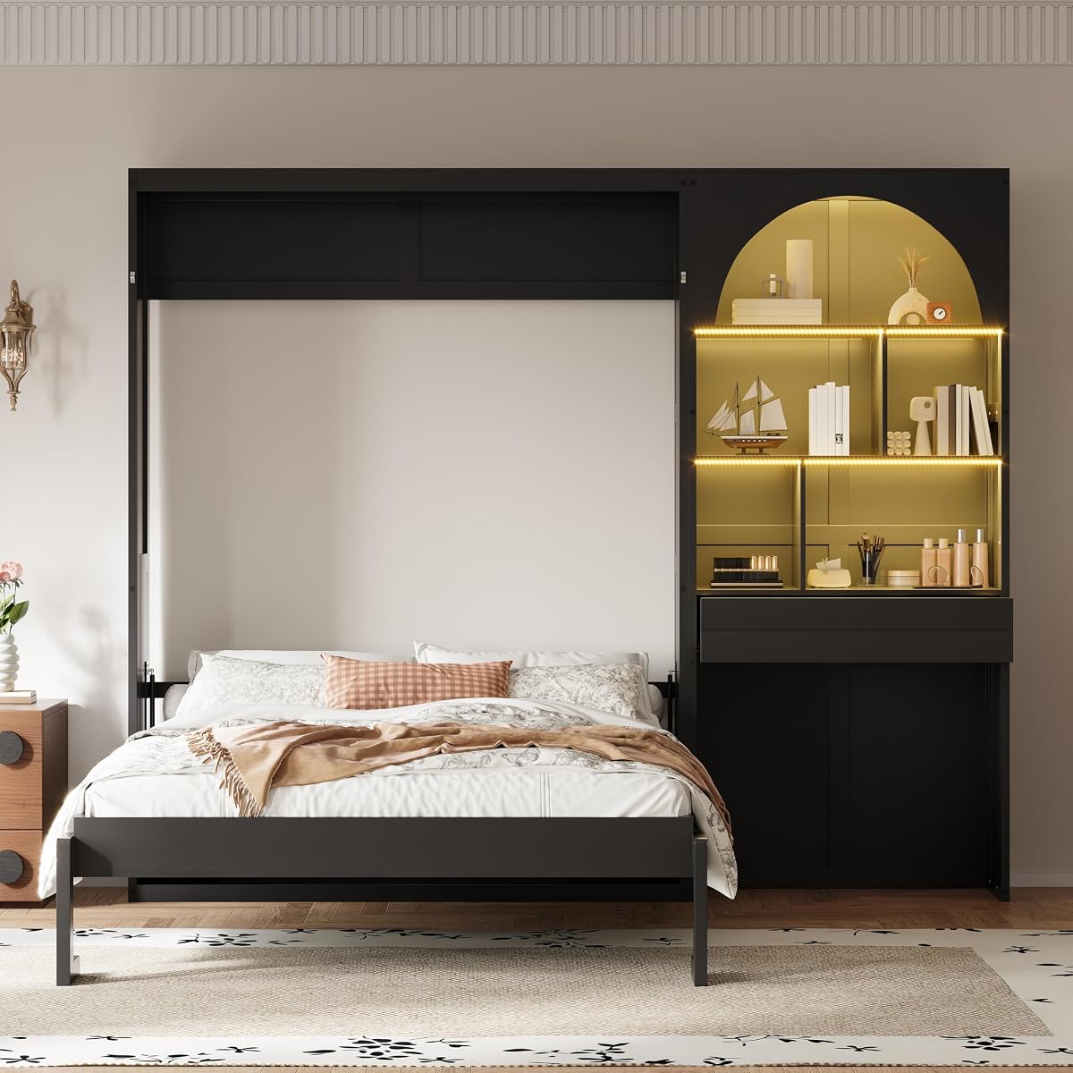Queen Size Murphy Platform Bed with Side Cabinets, Drawer, Open Shelves | Folding Platform Bed, Murphy Chest Bed Can be Folded into a Cabinet, Multi-function Murphy Wall Bed, Small Room