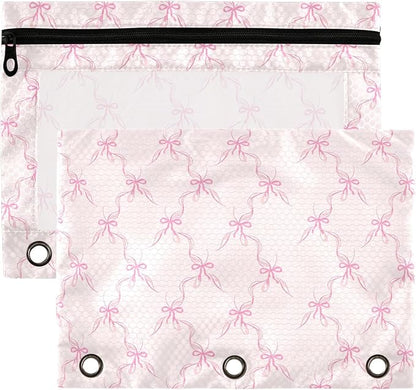 Wamika Bowknot Pink Binder Pouches 3 Ring for Boys Girls School Office College Supplies Cute Bow Ribbon Tie Pencil Pouches Case Bag with Clear Window and Zipper 2 pack
