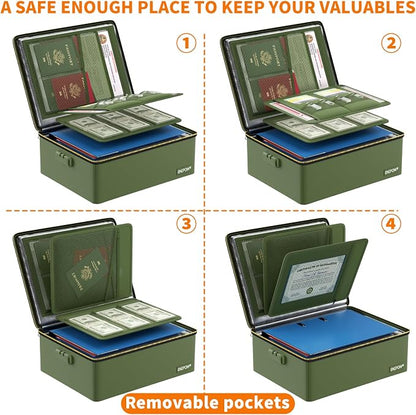 ENGPOW Fireproof Document Box with Lock & Heat-Resistant Fireproof Zipper | 6400°F 12-Layer Fire Protection, Hard File Organizer with Pockets, Portable Home Chest Safe Storage for Money,Jewelry, Green