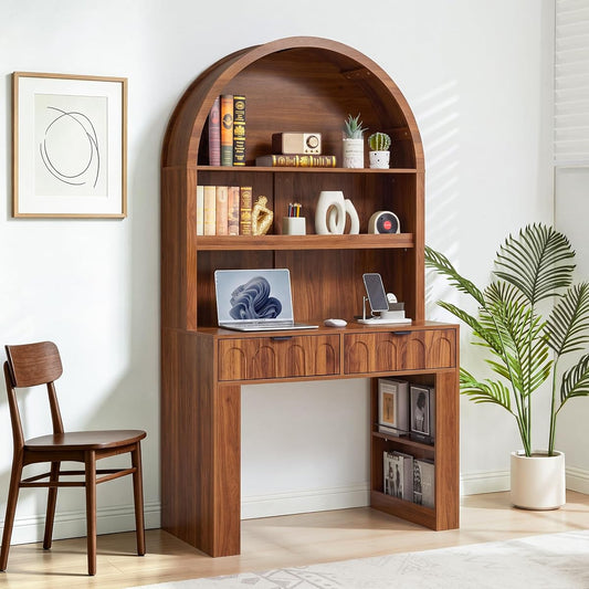 Arched Office Desk with Hutch, Walnut, Desktop 39.4" Wx 19.7" D