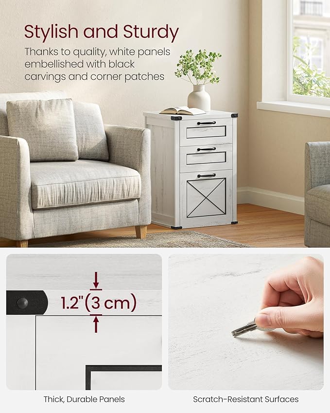 VASAGLE File Cabinet, Filing Cabinet with 3 Drawers, Printer Stand, Fit A4, Letter Size, Hanging File Folders, Modern Farmhouse Style, for Home Office, Rustic White UOFC054T73
