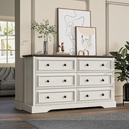 VVFLU Farmhouse 6 Drawer Dresser for Bedroom, 54" Wide Wood Dresser with Natural Texture, Rustic Chest of Drawers for Bedroom with Vintage Metal Hands, for Living Room, Hallway, Antique White
