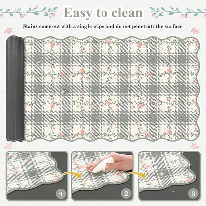 iCasso Leather Scalloped Checkered Desk Mat, XXL Flower Mouse Pad, Back to School Desk Matt for Desktop, Anti-Slip Big Cute Mousepad with Stitched Edges for Home Office Decor (Light Green)