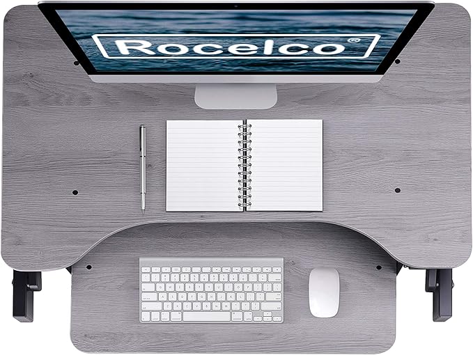 Rocelco 37.5" Deluxe Height Adjustable Standing Desk Converter - Quick Sit Stand Up Dual Monitor Riser - Gas Spring Assist Computer Workstation - Large Retractable Keyboard Tray - Gray (R DADRG)