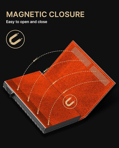 typecase Mens Wallet Card Holder: Pop Up Aluminum Case, Carbon Fiber Leather, Smart, RFID Blocking, Slim, Minimalist, Front Pocket - 9-14 Card Capacity | ID Window | Cash Slot (Orange)