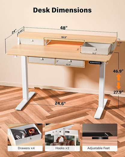 FiCiHi Electric Standing Desk with Four Drawers, Adjustable Height Sit Stand Desk, C-Clamp Compatible Home Office Desk with Storage Shelf & Monitor Stand Riser, 48 x 24 Inch, Maple