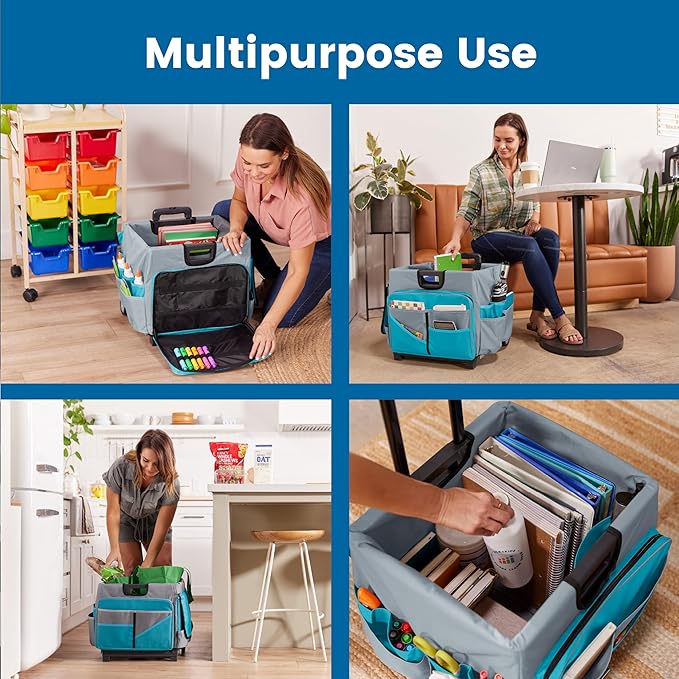 ECR4Kids Universal Rolling Cart with Canvas Organizer Bag, Mobile Storage, Turquoise/Grey