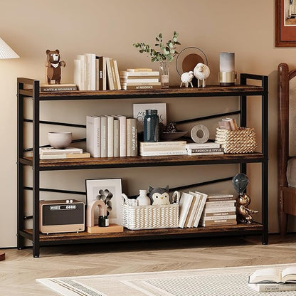 3 Tier Bookshelf 47.24" Width, Wood and Metal Etagere Bookcase, Vintage Farmhouse Modern Wooden Large Book Shelf for Home Living Room Bedroom Office Storage(Rustic Brown)