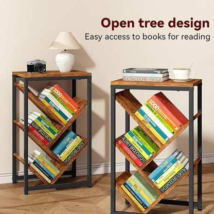 IBUYKE 5 Tier Tree Bookshelf, Small Desktop Bookshelf with Storage Organizer,for Books/CDs/Movies,Desk Display Bookcase for Bedroom Living Room,Rustic Brown,TBC003H