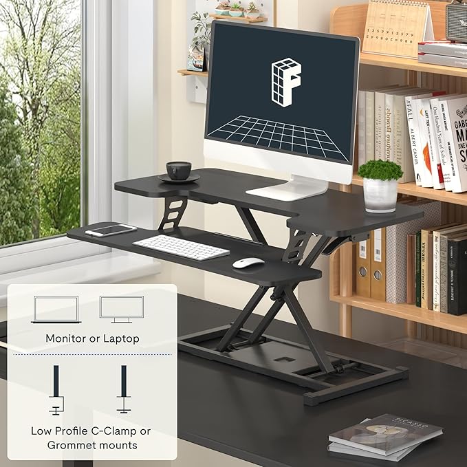 FLEXISPOT 36-inch Standing Desk Converter Height Adjustable Sit to Stand Up Workstation, Dual Monitor and Laptop Riser with Wide Keyboard Tray, Black