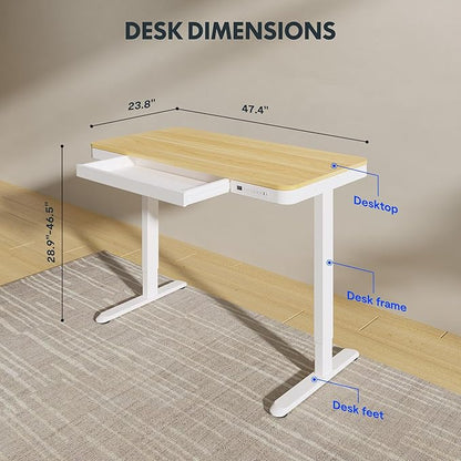 FLEXISPOT Comhar Electric Standing Desk with Drawers Charging USB Port, Height Adjustable 48" Whole-Piece Quick Install Home Office Computer Laptop Table with Storage (Maple Top + White Frame)