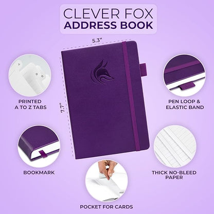 Clever Fox Address Book with alphabetic tabs - PU Leather Telephone and Address Book for Keeping Contacts Safe, Contact Organizer Journal, Medium Size (5.3″ x 7.7″) Hardcover, Purple