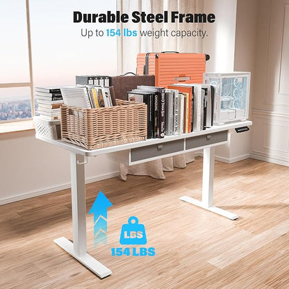 Kingant 55 x 24 Inch Electric Standing Desk with 4 Drawers, Height Adjustable Sit to Stand Computer Desk with Storage Shelf and C-Clamp Mount Compatibility for Home Office, White