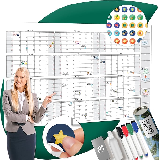 Large Dry Erase Calendar for Wall, 38" x 58" - Undated, Yearly, Reusable - Full 12 Month Year - Includes Markers, Eraser & Accessories