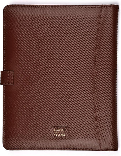 LEATHER VILLAGE Portfolio Professional Organizer– Carbon Fiber Genuine Leather Padfolio Resume Folder for A4 Letter Pad with Pen Holder, Business Card Slots & Writing Pad– Ideal for Men & Women-Brown