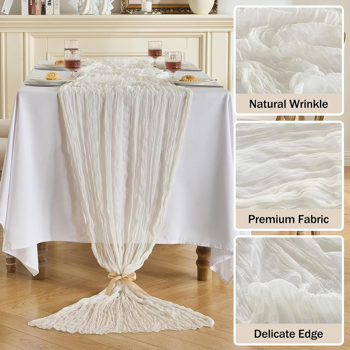 Fanami 1 Pack Cheesecloth Table Runner -10FT Ivory White Boho Gauze Cheese Cloth Table Runner 120 Inches Long Rustic Sheer Fabric Centerpieces for Wedding Birthday Party Bridal Baby Shower Decorations