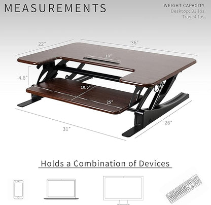 VIVO 36 inch Height Adjustable Stand Up Desk Converter, V Series, Quick Sit to Stand Tabletop Dual Monitor Riser Workstation, Dark Walnut Top, Black Frame, DESK-V000VD
