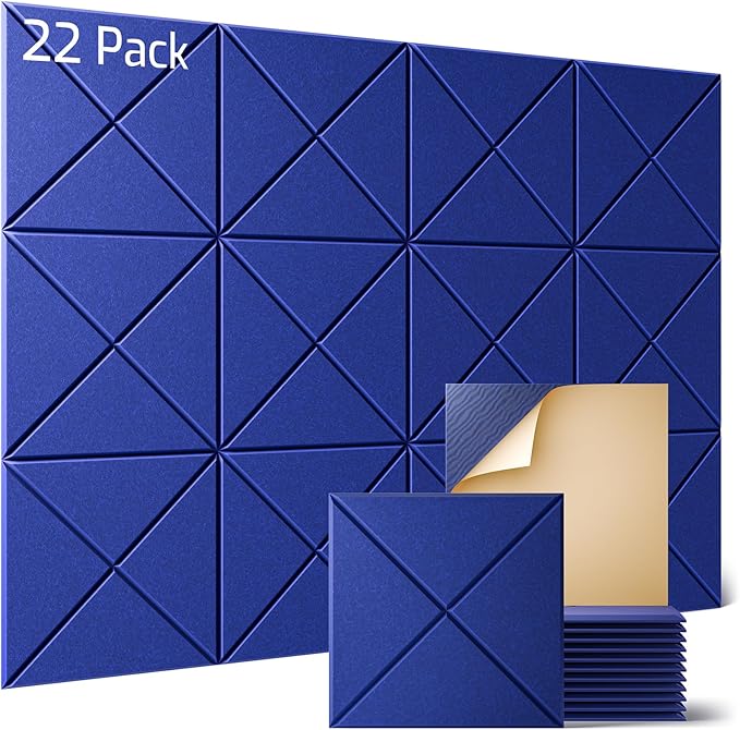Sonicism 22 Pack X-Lined Acoustic Panels with Self-Adhesive, 12"X 12"X 0.4" Sound Proof Foam Panels, Decorative Soundproof Wall Panels, Sound Absorbing Tile for Home & Offices, Blue