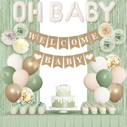 Ouddy Party Sage Green Baby Shower Decorations for Baby, Green Balloons with WELCOME BABY Banner Fringe Curtains Foil Balloons Paper Flower for Boho Baby Shower Birthday Gender Reveal Party Supplies