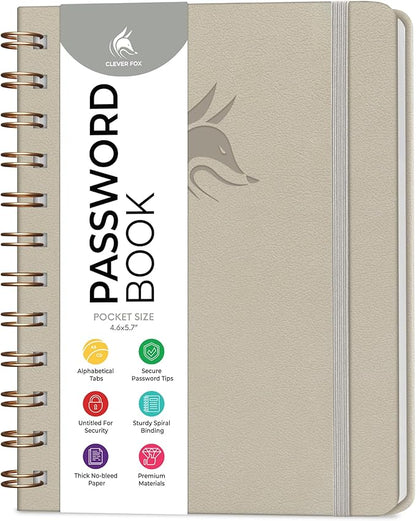 Clever Fox Password Book Spiral – Mini Internet Address & Password Organizer with Laminated Alphabetical Tabs – Small Password Keeper Journal – Hardcover, Pocket Size, 4.7x5.7” (Foggy Alps)