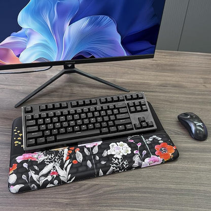 Computer Keyboard Stand with Wrist Rest, Ergonomic Tilted Keyboard Holder - Keyboard Riser with Wrist Pad - Keyboard Tray Support for Office Home - Black Flowers