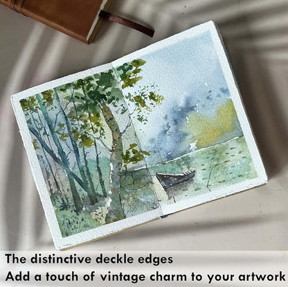 tumuarta Deckle Edge Watercolor Paper Sketchbook, 100% Cotton Vintage Leather Journal, 140 Lb, 300 GSM, 24 Sheets Handmade Diary for Mixed Media Techniques. (Black, 7.5"x5")
