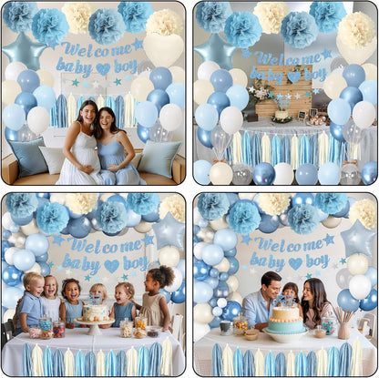 Dusty Blue Baby Shower Decorations for Boy, Welcome Baby Boy Banner Slate Light Metallic Blue White Sand Latex Balloons with Pom Poms Cake Topper Tassel for Boho Baby Shower Birthday Party Supplies