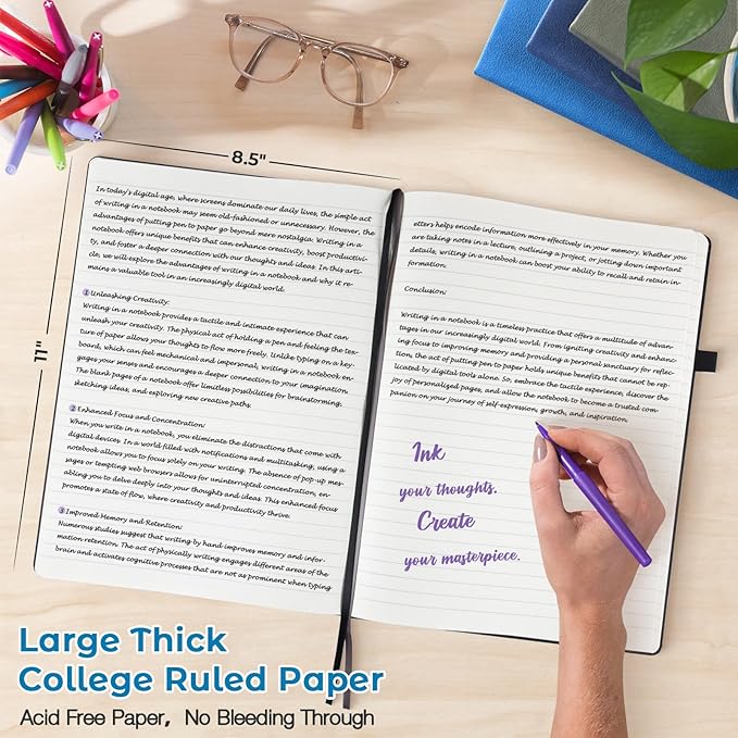 College Ruled Notebook, A4 Hardcover Leather Notebook for Work, Lined Notebook Journal for Women, Men, 192 Thick Paper, 8.5" x 11", Large Notebook with Pockets, Professional Business Notebook, Teal