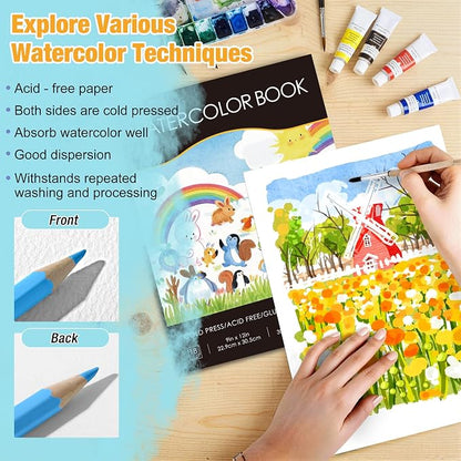 Creazic Watercolor Paper Pad 9"x12", 140lb/300gsm Cold Press Sketchbook (18 Sheets) - Glue Bound Acid-Free Heavyweight No Bleed Drawing Pad for Watercolor, Gouache, Ink & Mixed Media for Beginners