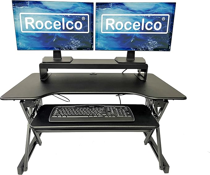 Rocelco 40" Large Height Adjustable Standing Desk Converter with Dual Monitor Stand BUNDLE - Quick Sit Stand Up Computer Workstation Riser - Retractable Keyboard Tray - Black (R DADRB-40-DMS)