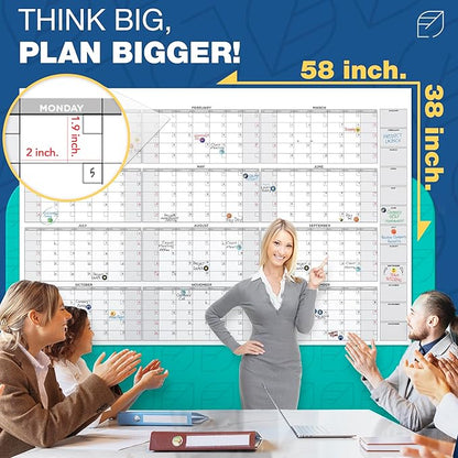 Large Dry Erase Calendar for Wall, 38" x 58" - Undated, Yearly, Reusable - Full 12 Month Year - Includes Markers, Eraser & Accessories