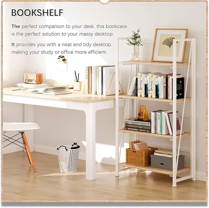 4NM No Assembly Folding Bookshelf Storage Shelves 4 Tiers Vintage Bookcase Standing Racks Study Organizer Home Office (Natural White)