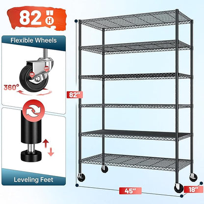 Romorgniz 82" H X45 W X18 D Storage Shelves with Wheels, 6 Tier Wire Shelving Adjustable Metal Shelving Pantry Shelves Capacity 1200LBS for Garage Shelving, Pantry, Kitchen, Closet, Black,2P