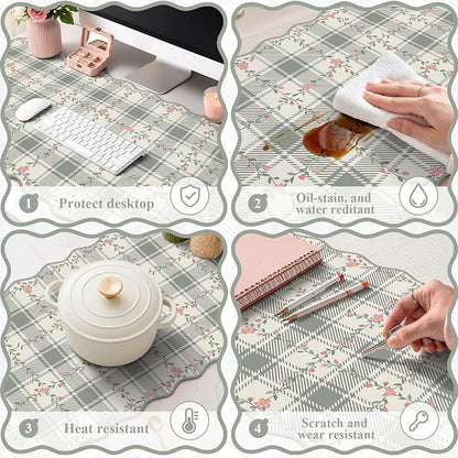 iCasso Leather Scalloped Checkered Desk Mat, XXL Flower Mouse Pad, Back to School Desk Matt for Desktop, Anti-Slip Big Cute Mousepad with Stitched Edges for Home Office Decor (Light Green)