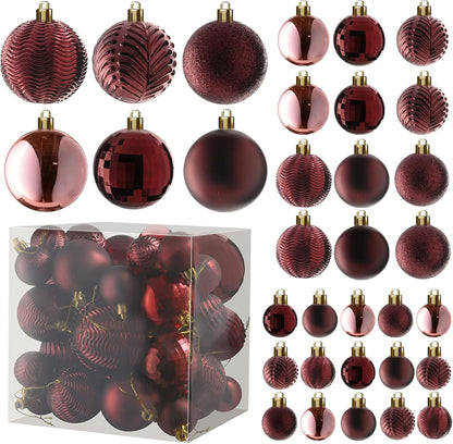 PREXTEX Wine Red Christmas Ornaments Set - 36 Shatterproof Wine Colored Ornaments for Christmas Tree, Holiday, Wreath, and Party Decor - Includes Small, Medium, Large Dark Red Christmas Balls