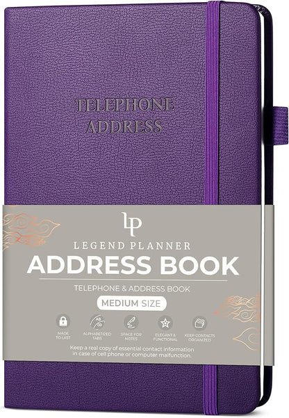 Legend Planner Address Book with Alphabetical Tabs –Telephone Contacts Book for Phone Numbers, Addresses, Passwords, Medium (Purple)