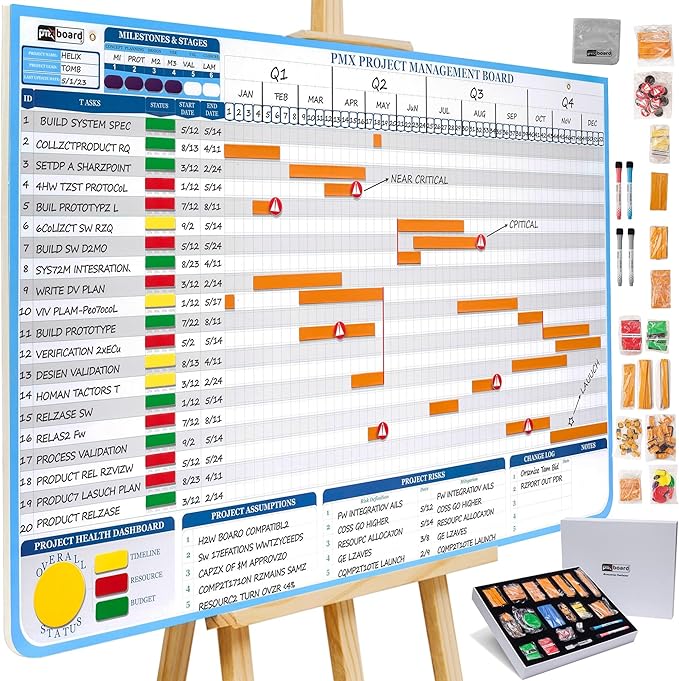 PMXBOARD Gantt Chart Project Whiteboard Kit | 668 Magnetic Pieces and Easel | Visual Timeline, Risks & Critical Path Planning | Ultimate Project Management Board for Teams